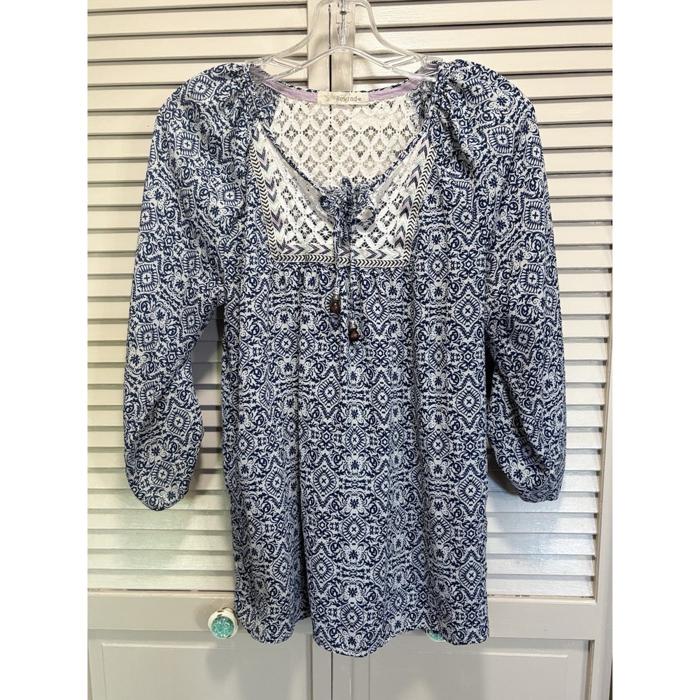 Rewind Floral Roll Tab Sleeve Chiffon Blouse Crochet Tie Neck‎ Size M Blue/White